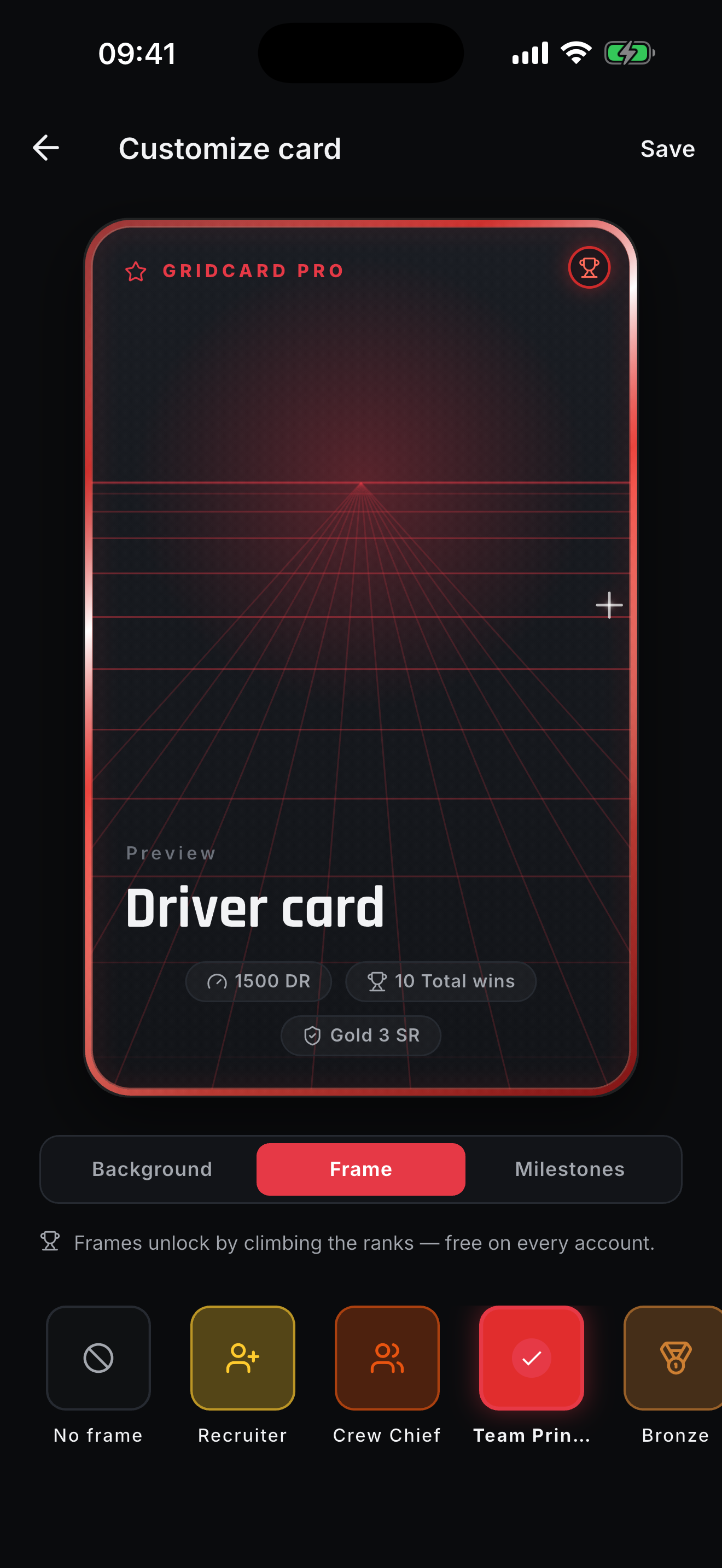 Customise card: background, frame and milestone tabs, with unlockable card frames.