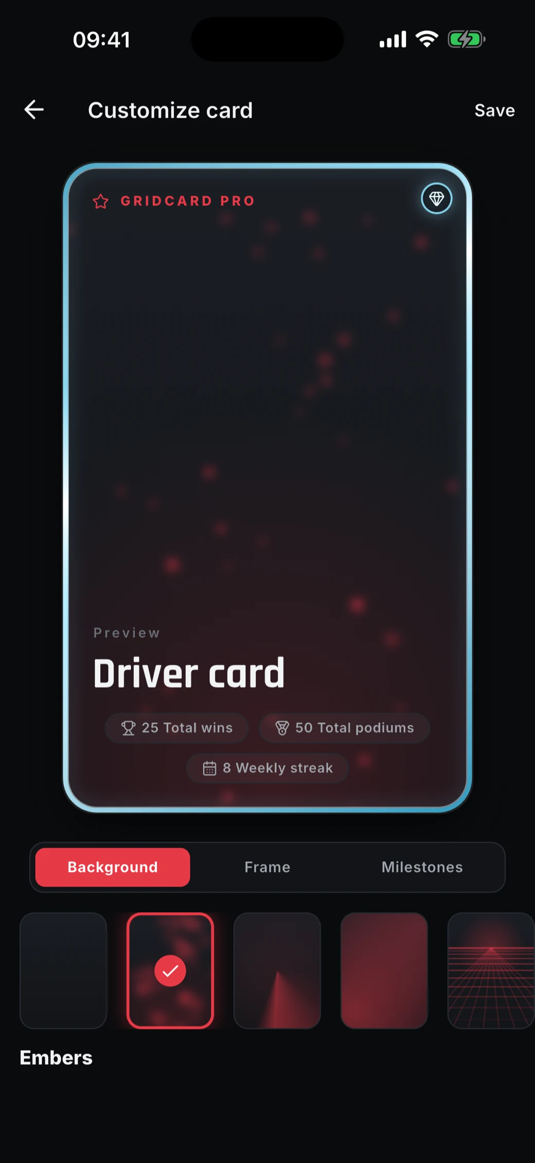 Customise card: a live card preview above background, frame and milestone tabs.