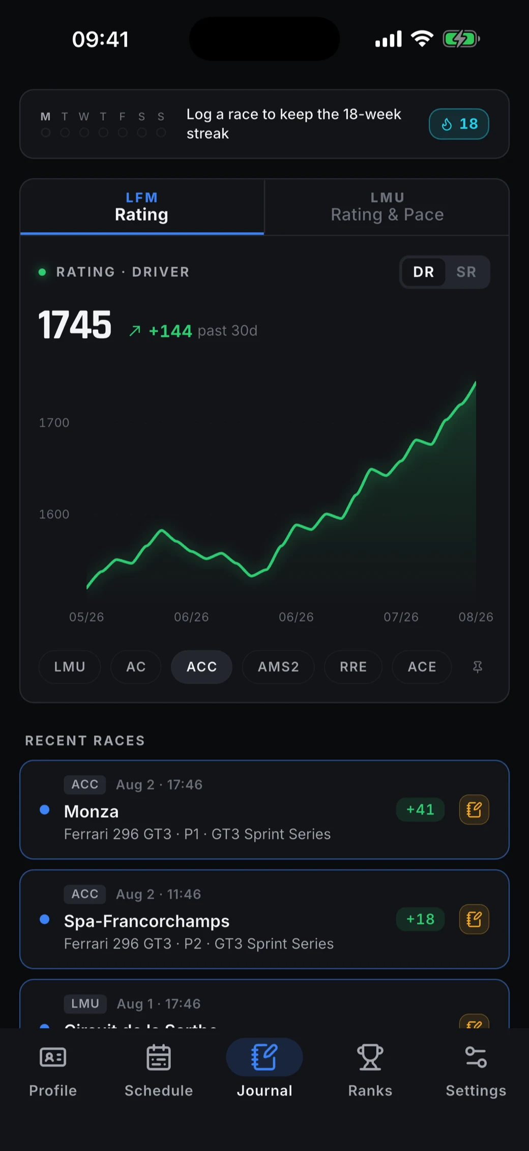 Journal tab: a weekly streak, a driver-rating graph rising over three months, and recent races with rating changes.