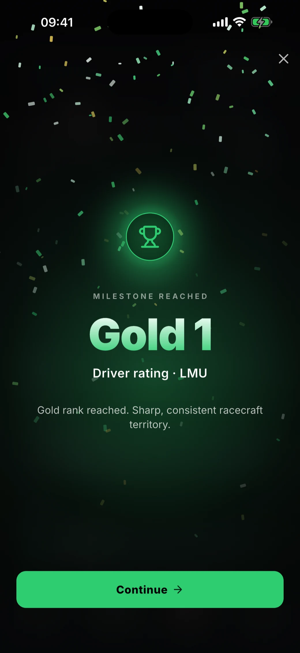 Milestone screen: Gold 1 reached on the Le Mans Ultimate driver rating.