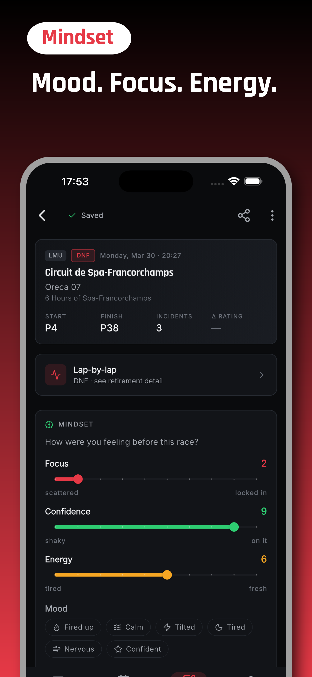 Mindset — focus, confidence, energy sliders and mood tags after a race at Spa.