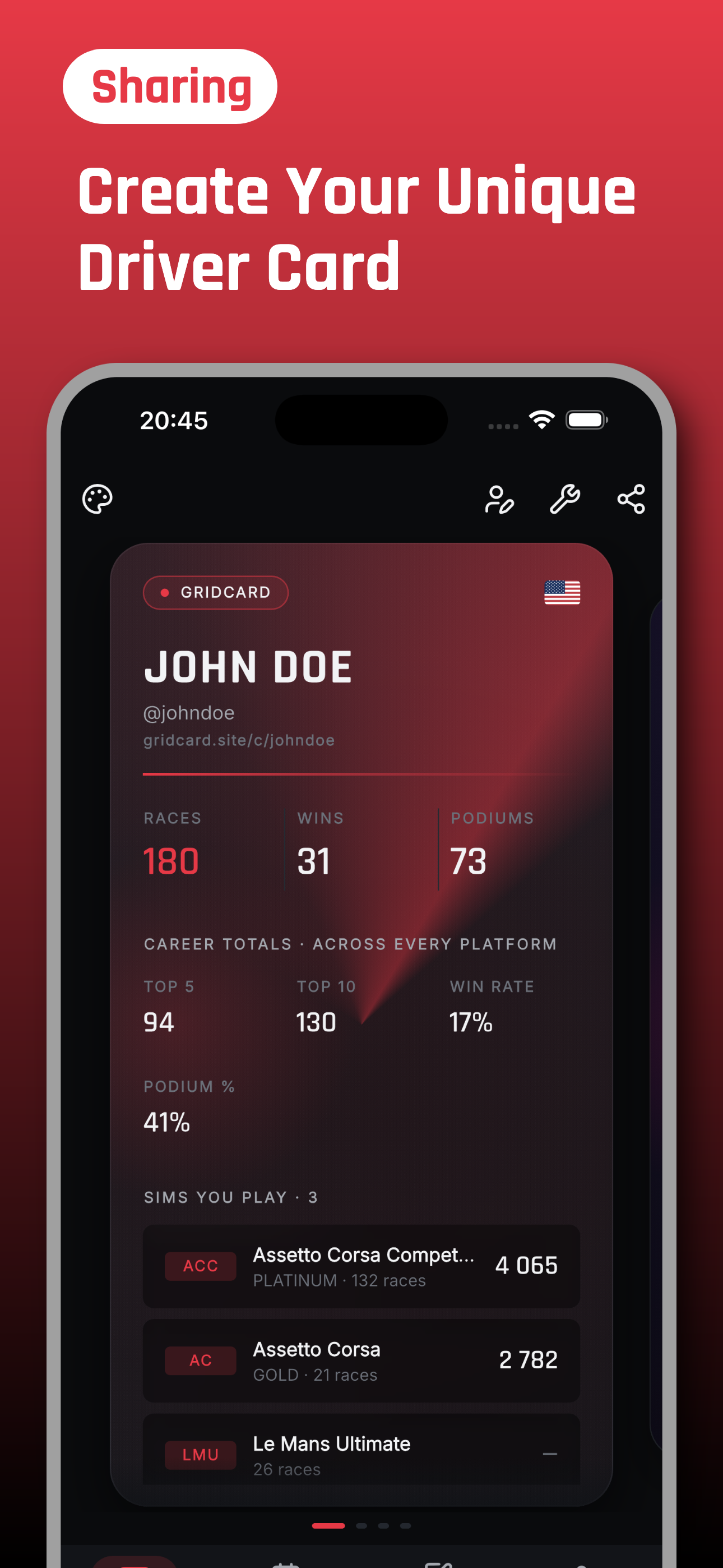 GridCard's main profile — JOHN DOE driver card with race totals, career stats and the sims you play.