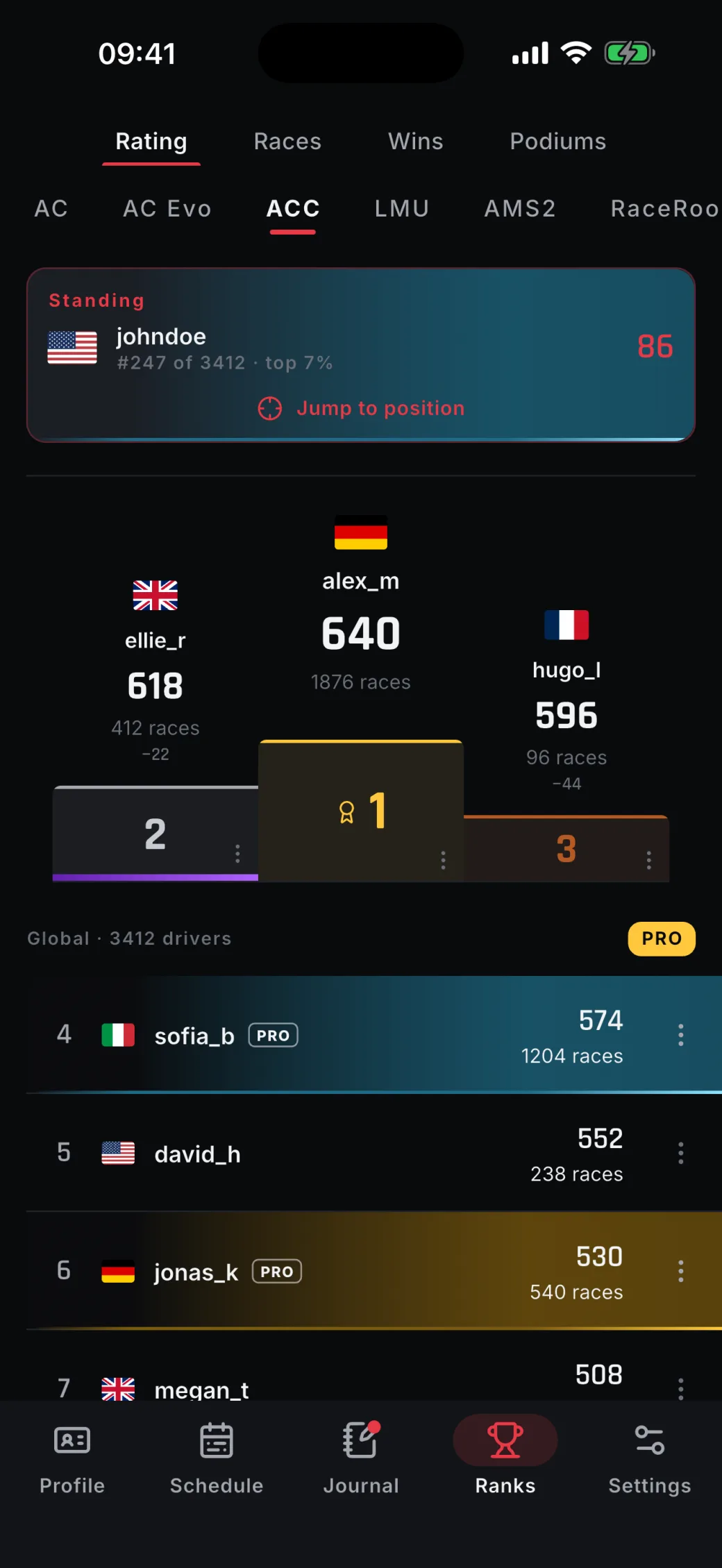 Ranks tab: a rating board for one sim with a personal standing, a top-three podium and the field below it, where PRO rows carry a coloured rank frame.
