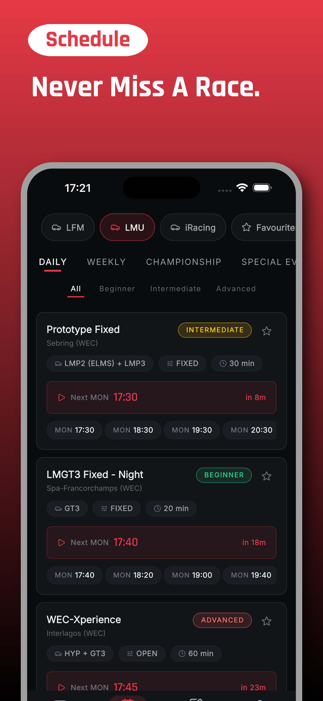 Schedule — daily, weekly and championship races across LFM and LMU with countdowns.