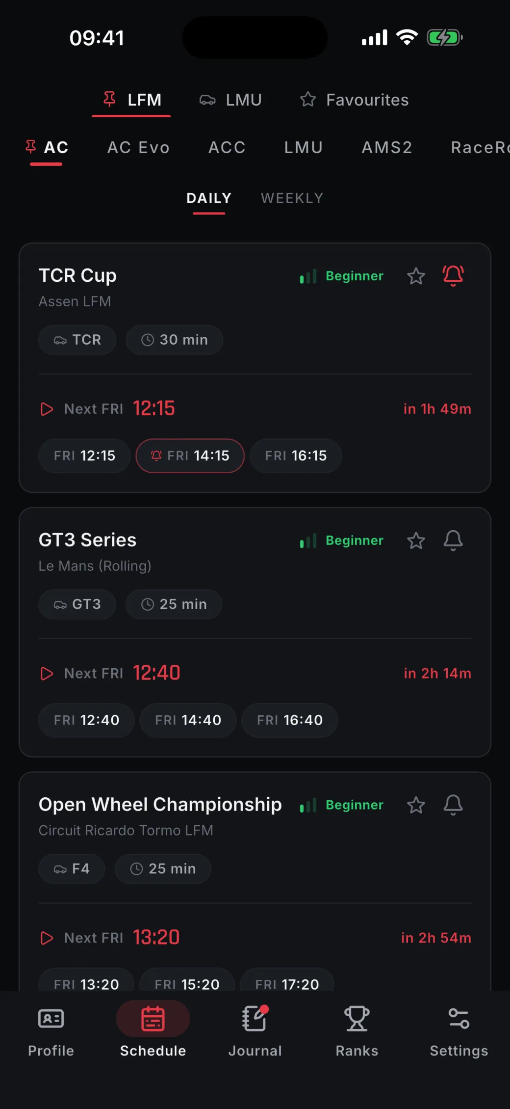 Schedule tab: LFM, LMU and favourites, with a sim row and daily races counting down to the next start, one of them with a bell marking a set start alert.