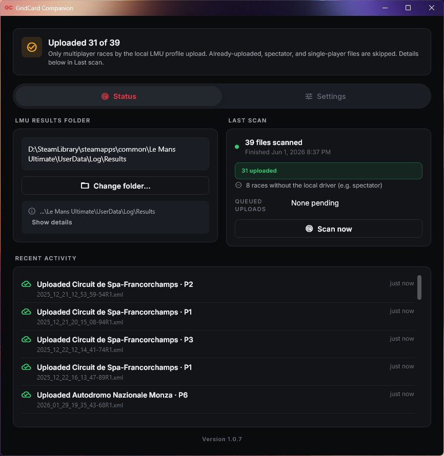 Status tab — upload counter, LMU Results folder path, last scan summary, recent activity feed.