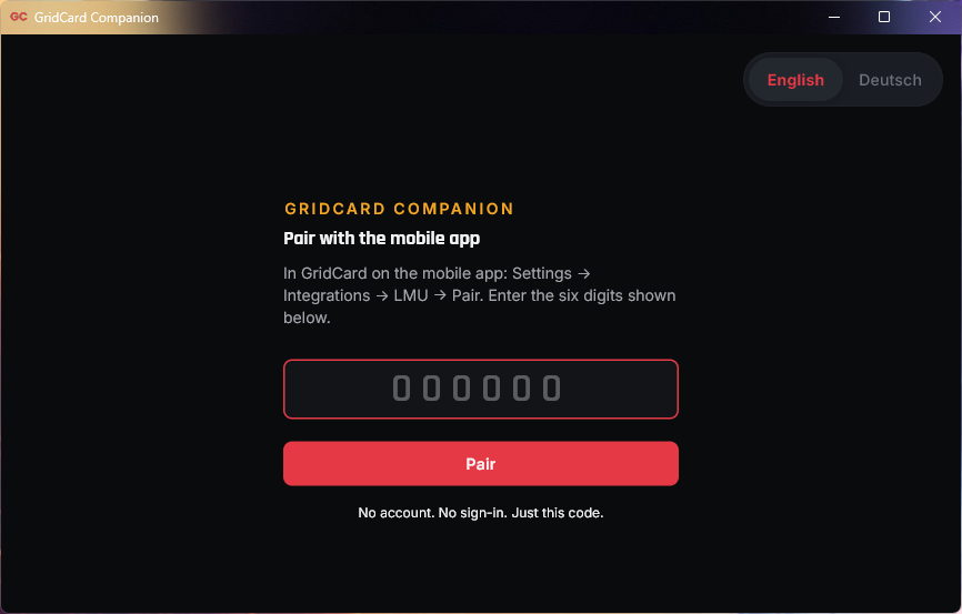 Pairing screen — six-digit code field, Pair button, English/Deutsch language toggle.