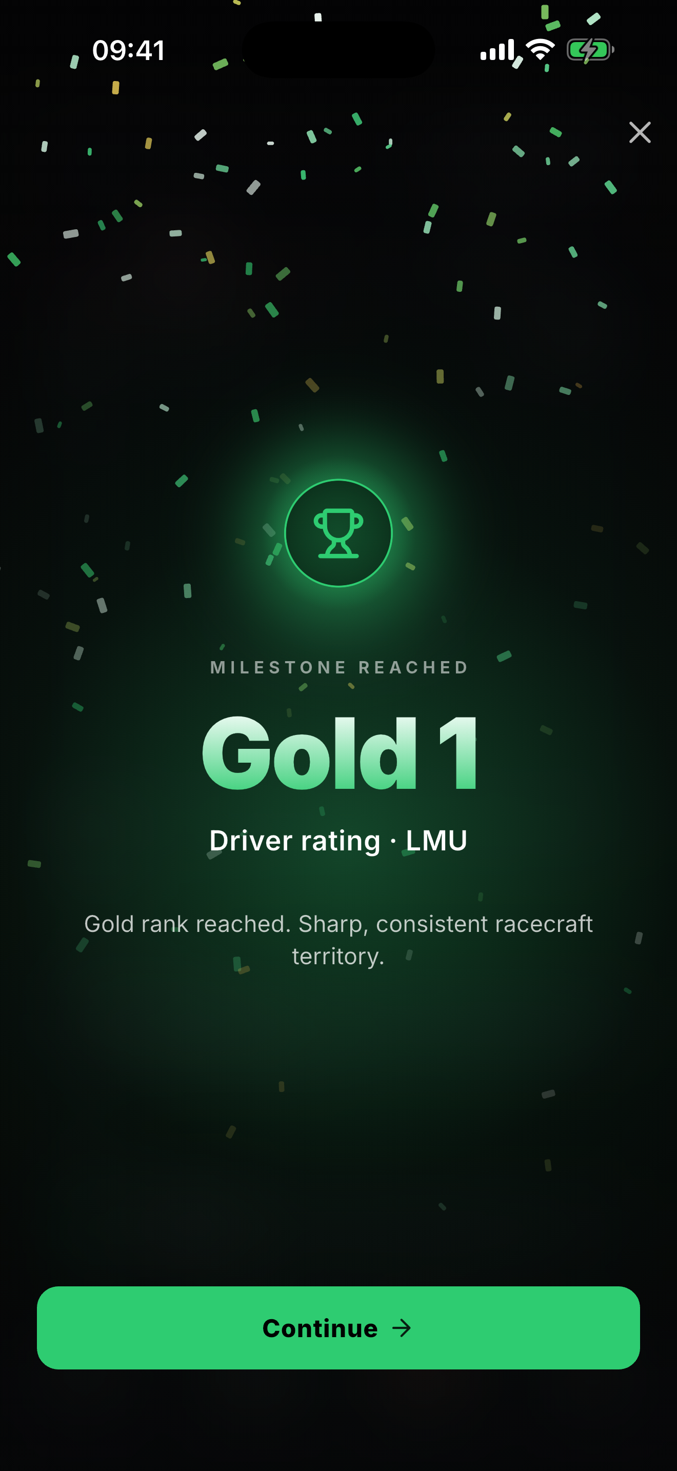 Milestone celebration for reaching Gold 1 in the Le Mans Ultimate Driver rating.