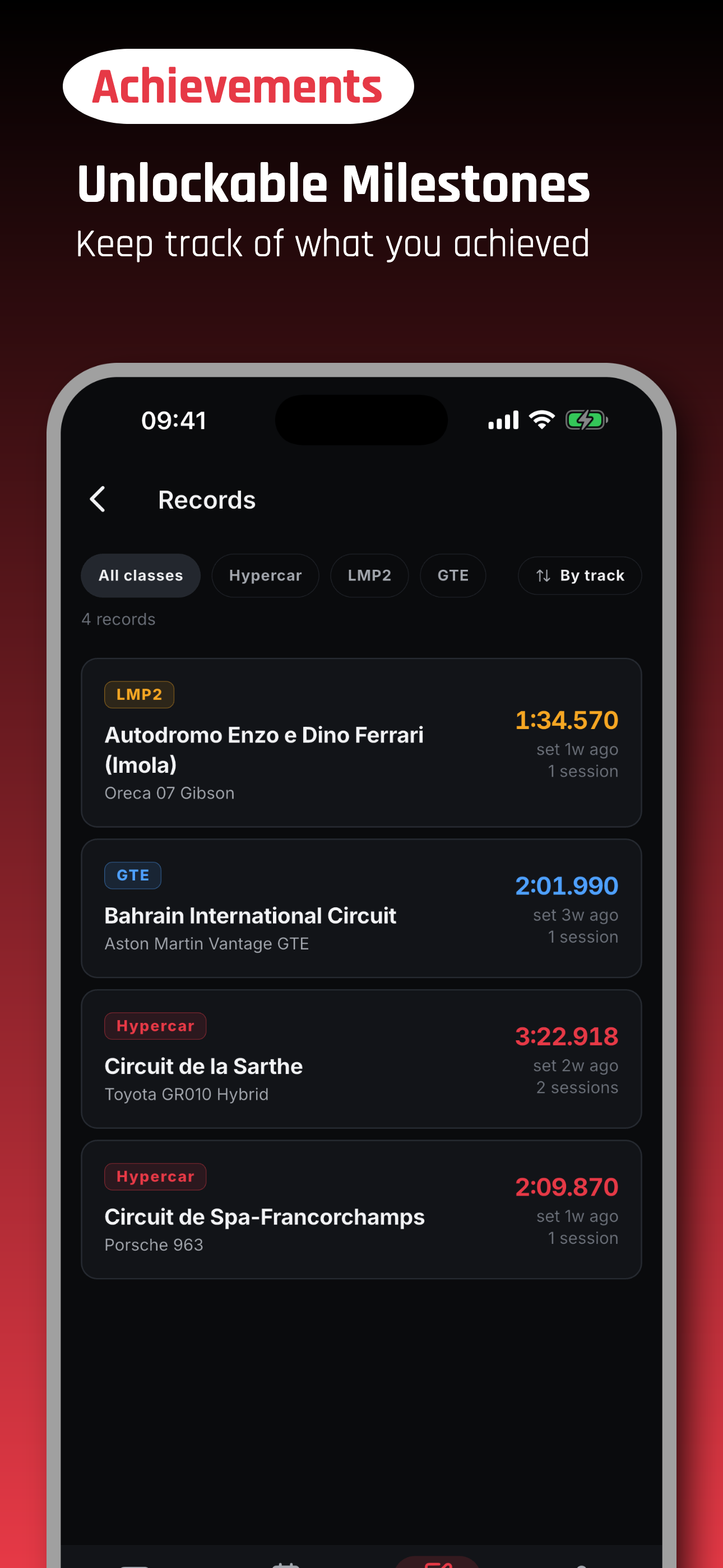 GridCard's track records — per-track best laps and best finishes across Imola, Bahrain, Le Mans and Spa, filterable by car class.